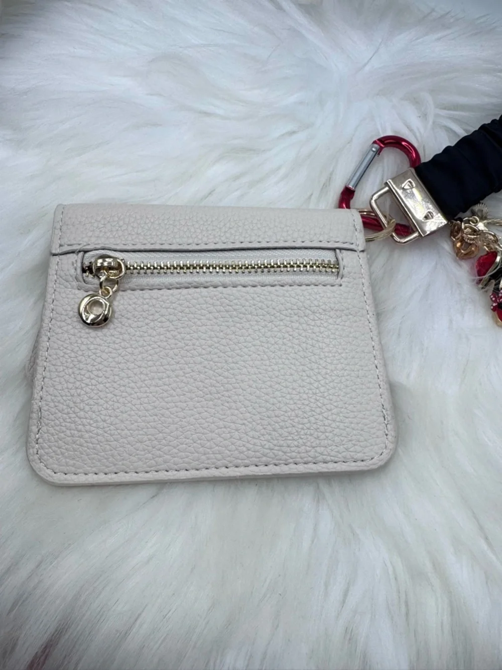 Beige Faux Leather Card Holder Wallet w/ Wristlet Strap & Charm Keychain